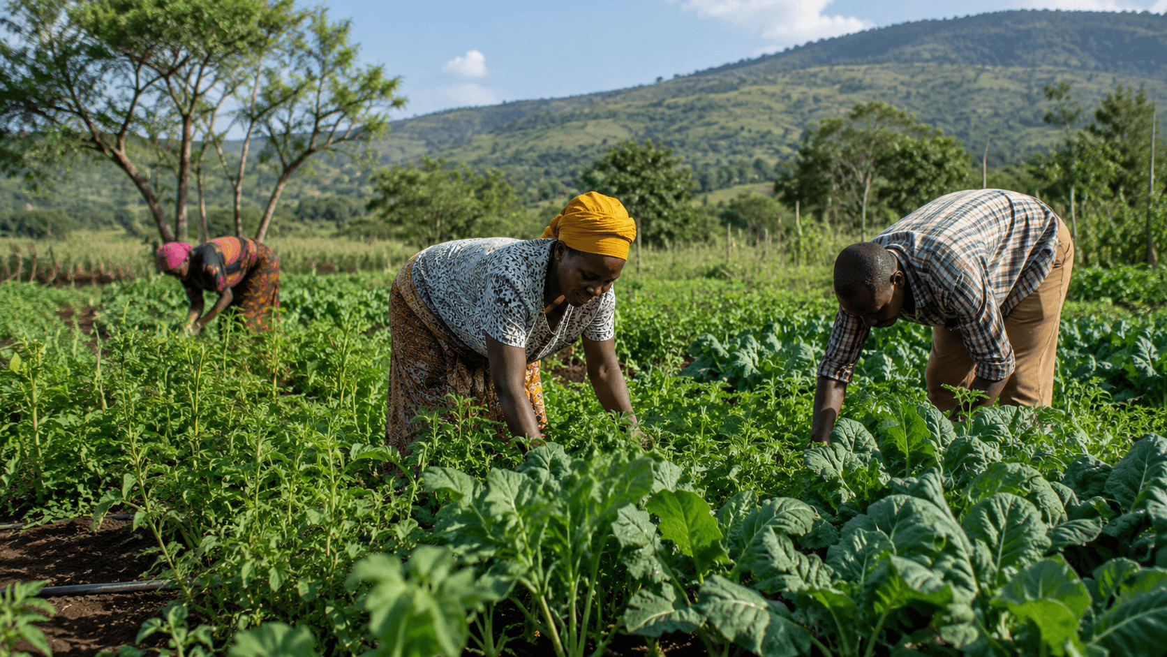 Smallholder farmers tending a crop field