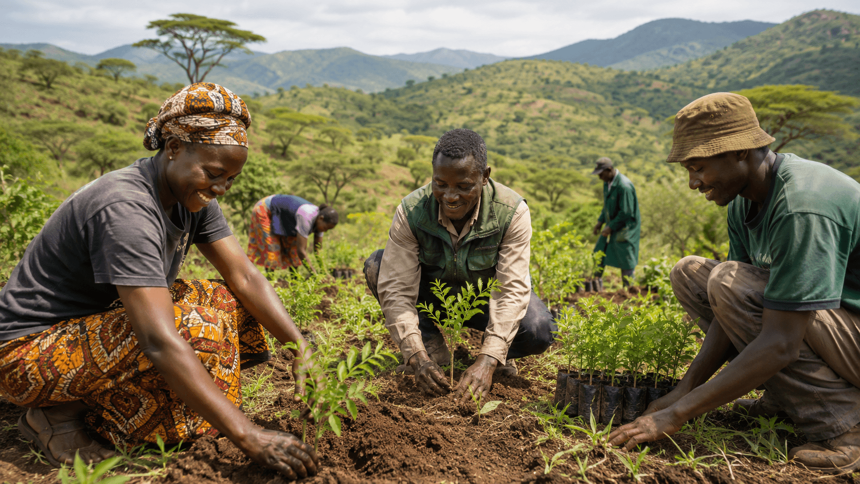 Amapel team planting trees on a hillside restoration site
